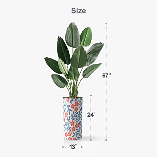 Artificial Tree In Contemporary Daisy Flower Pattern Planter, Fake Bird Of Paradise Silk Tree For Indoor And Outdoor Home Decoration - 67" Overall Tall (Plant Pot Plus Tree) #TOP3