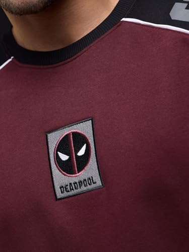 Image of The Souled Store Deadpool: Red Menace Men and Boys Long Sleeve Round Neck Burgundy Colour-Block Cotton Blend Drop Shoulder Streetwear Winter Ready Causual Heavy Fleece Oversized Fit Sweatshirt