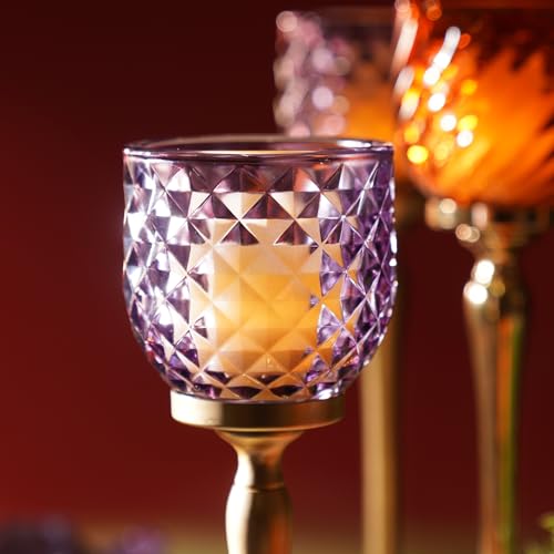 Image of Pure Home + Living Purple Diamond Cut Hurricane - Small Candle Holders for Home Decor with Glass Hurricane, Dining Table Decor, Candle Holder, Decorative Candle Stands for Home Decor