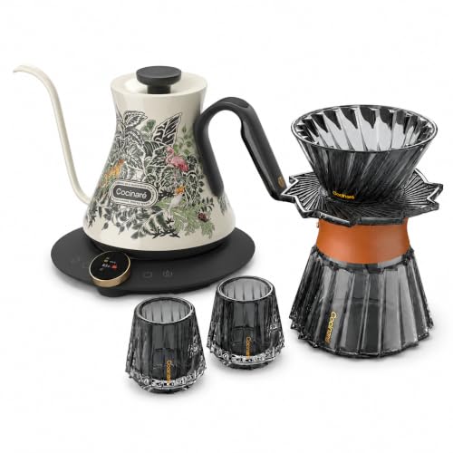 Image of Cocinare Jungle Gooseneck Electric Kettle & Pour Over Coffee Set, ±0.5F Temperature Control, 1500W 0.6L Kettle, Coffee Dripper, 550 ml / 18.6 oz Server & 2 Tasting Cups