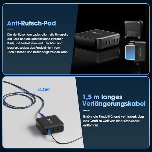 285W USB C Ladegerät, PD 100 W + 65 W Schnellladegerät 6 Port Ladestation GaN-III Charger, Netzteile Kompatibel mit MacBook Pro/Air, Dell XPS, iPhone 15/16/14/Pro, Samsung, Xiaomi, iPads, Steam Deck