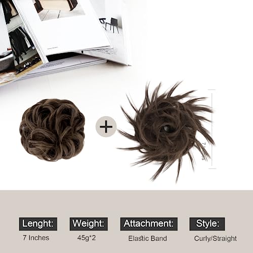 Ellareese 2Pcs Messy Bun Hair Piece Tousled Updo Curly Ponytail Hair Extensions Wavy Hairpieces For Women Scrunchies Synthetic Chignon #TOP1