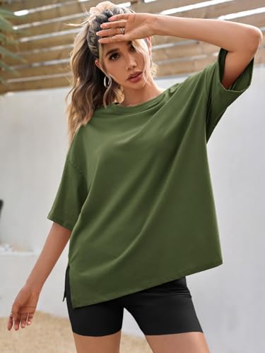 Image of Tankaneo Womens Oversized Tshirts Summer Casual Short Sleeve Crew Neck T Shirt Loose Fit Side Slit Tee Tops