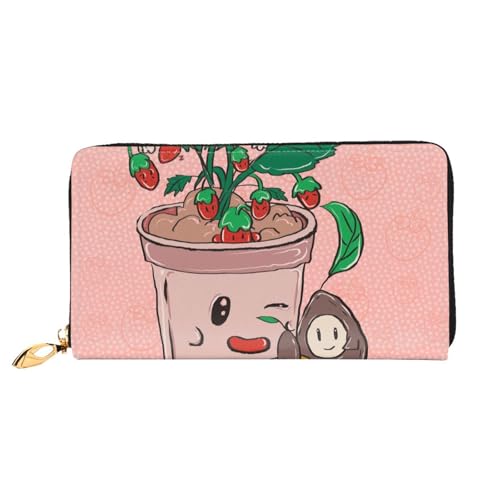 Leather Women Wallets, Long Credit Card Holder, Sunflower seeds and strawberries Print Billfold Clutch & Travel Purse Large Capacity