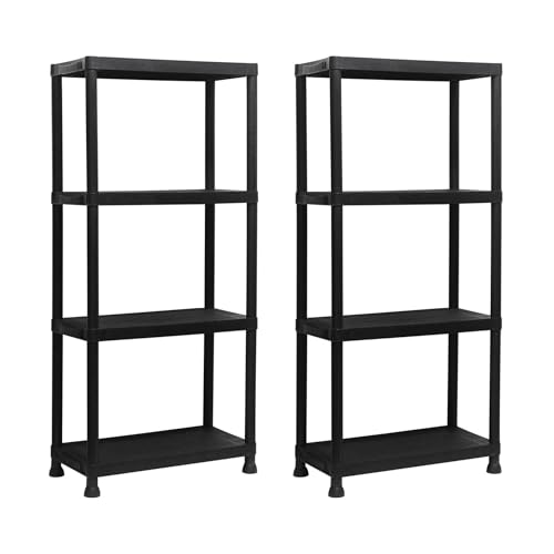 ADANITY Pack 2 Estanterías de Resina 4 Baldas Negra | Organizador Plástico 131x61x31 cm | Capacidad 100kg | Resistente al Agua y Óxido | Montaje Rápido sin Herramientas | Multiusos Garaje y Trastero