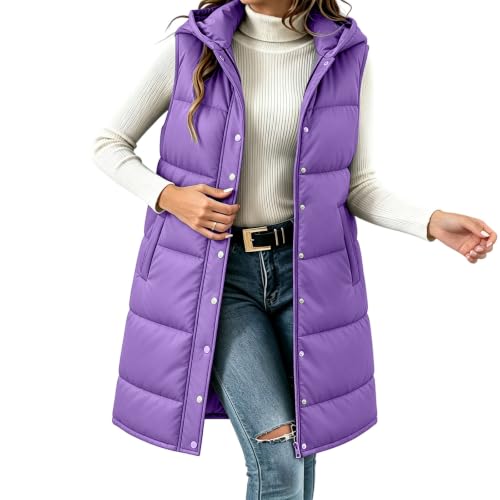 Long Puffer Vest Women Hood Quilted Sleeveless Zip Dual Closure Fall Winter - image 1