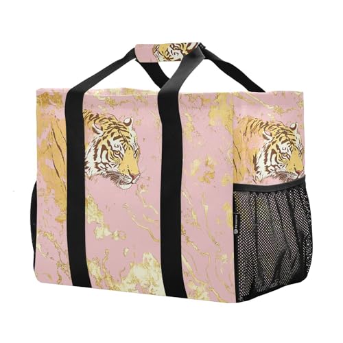 Rose Golden Tigers Utility Totes Reuseable Shopping Bags Foldable Tote Bag For Beach With Pockets Canvas Canvas Laundry Carryall2