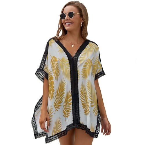 HZCRAES Damen Strandkleid Bikini Cover Up Luxus- Palmblatt Sommer Strandponcho Strandurlaub Badeanzug Elegante Pflanzen V- Ausschnitt Beachwear Bikini Cover- Ups Sexy Spitze Fledermaus Badem