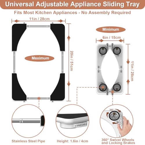 Image of Adjustable Appliance Slider Tray - Expandable 6 inch x 11 inch- 11 inch x 20 inch | Sliding Tray for Kitchen Appliances - 360 Countertop Rolling Tray with Locking Brakes for Coffee Makers Mixers