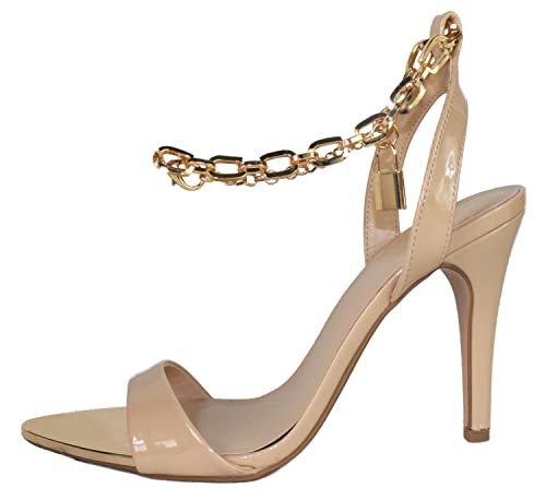 Delicious Shoe's Women Stiletto High Heels Anklet Gold Chain Lock Ankle Strap Open Peep Toe Pointed Reflective Surface Golden Mirror Scarlet-S2