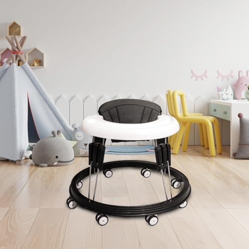 Alivio Foldable Baby Walker with 9-Level Height Adjustment Wide Base Design 360 Protection Easy Folding & Storage Activity Walker for Babies 6-18 Months (Black & White)