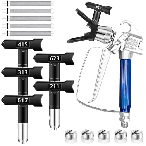 12 Stück Airless Farbspritzpistolen-Set, Airless Pistole 3600 PSI Hochdruck mit Düsenhalter,Spritzdüsen und Filtern für Airless Farbsprühsysteme (211,313,415,517,623)