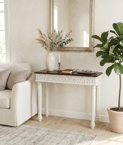Image of Solid Wood Side Tables Console Sofa Tables End Table /Coffee Snack Console Table for Living Room, Hallway (Anique White&Walnut Brown)