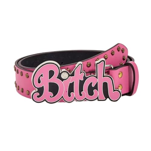 Women's Pink Studded Belt - Chunky Letter Buckle Punk Rock Belt for Women