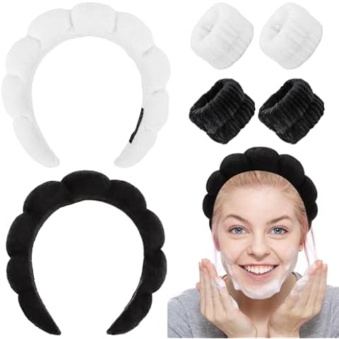 Tihebax Women's Spa Headband and Wristband Set for Facial Care - 6Pcs Black and White Sponge Bands for Makeup Application and Skincare Routine Cover