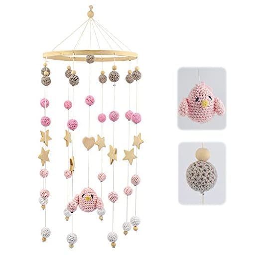 ARTESTAR Baby mobil fönsterdekoration hängande av virkade bollar, boho dekoration för nyfödda, babyleksaker säng klocka mobil för flickor, vindspel baby flicka, barnsäng leksak (rosa fågel)