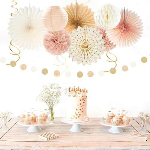 Image of Champagne-Gold Beige Fall Boho Bachelorette Party-Decorations - 21pcs Women Bridal Shower Banner Garland,Bride To Be Paper Streamers Lanterns,Flower Tissue Pom Poms Fan Favors Wedding Decor Huglony