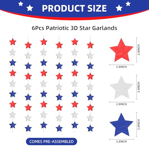 Image of 4th of July 3D Star Garland Streamer, 6 Pack Red White and Blue Garlands, Pre-Assembled 4th of July Star Streamers Decorations, Patriotic Memorial Day Independence Day Banner Party Supplies