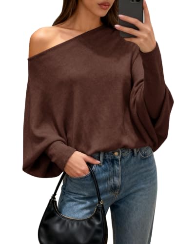 BTFBM Casual Fall Sweaters for Women 2026 Off The Shoulder Sweater Brown