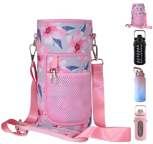 TradeProvider® 2litre Drinking Water Bottle Carrier Sleeve Bag with Adjustable Strap, Pockets and Key Holder Bottle Sleeve - Pink with Floral Design