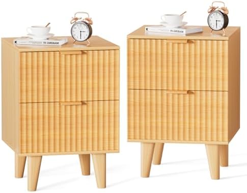 Urban Deco Nightstand Set of 2, Mid Century Modern Nightstand with 2 Storage Drawers, Wooden End Table with 2 Fluted Drawers, Bedside Table with Solid Wood Legs for Bedroom (Natural)
