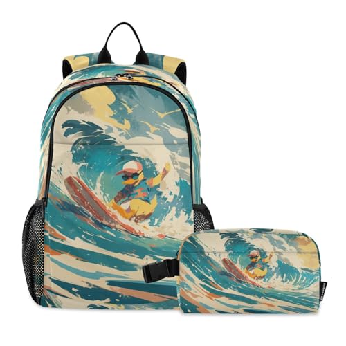 Kids Backpack Surfing Duck Beach School Bookbag with Lunch Bag for Boys Girls Preschool Kindergarten Elementary Laptop Daypack