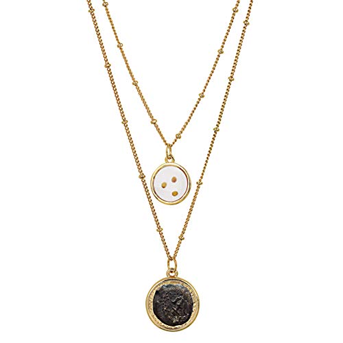 American Coin Treasures Double Chain Necklace Widow s Mite Coin Pendant with Mustard Seed Charm | Saturn Style 18 and 16 Inch Goldtone Chain | Certificate of Authenticity