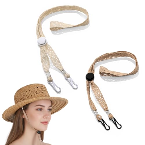 2PCS Adjustable Hat Strap Clips Sun Hats Chin Strap Adjustable Wide Lace Chin Cord for Boonie Fishing-Hat Beach-Hat Windproof Keeper String for Golfing Fishing Boating Sailing (Beige Khaki)