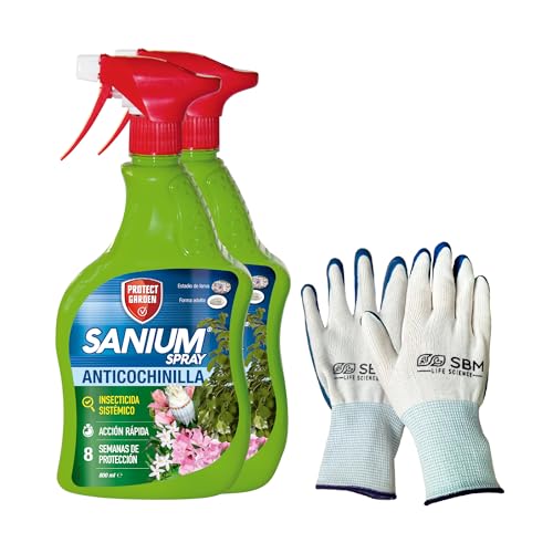 PROTECT GARDEN Sanium Spray Anticochinillas, Insecticida Sistémico de Listo X 2 + guantes jardíneria