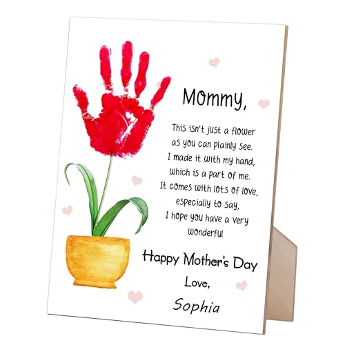 rorusio Mommy Handprint Poem, Happy Mothers Day Sign with Stand and Hook with Stand and Hook - 9x12 Inch, Mothers Day Crafts Handprint Keepsake, Personalized Gifts for Mom from Daughter & Son