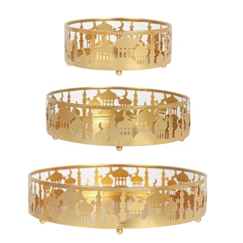Cranight Eid Ramadan Mubarak Trays Celebration Party Decoration 3 pcs Eid Mubarak DIY Castle Trays Decorations Islamic Style Food Storage Container，Gold Moon