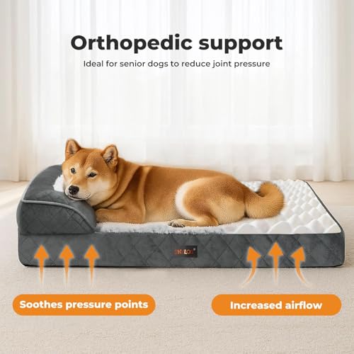 Skylos Orthopedic Memory Foam Dog Bed XL, Dog Sofa with Sides and Waterproof Liner Washable Cover, Non-Slip Pet Sofa for Large Dogs, 107x81x17cm, Grey - Image 3