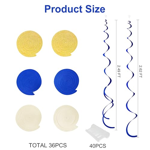 Image of 36 Pcs Blue Gold Hanging Swirl Decorations Royal Blue Glitter Gold Beige Felt Swirl Streamer Spiral Ceiling Garland for Birthday Graduation Wedding Shower Retirement Nautical Ahoy Achor Party