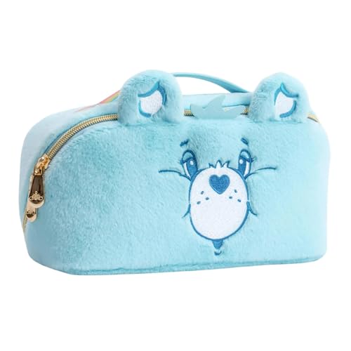 Impressions Vanity Care Bears Bedtime Unfold Travel Makeup Bag Organizer, Opens Flat Zippered Cosmetic Bag with Cozy Teddy Fur, Artwork Lined Interior, 3 Inner Pockets, Top Handle in Rainbow (Blue)3