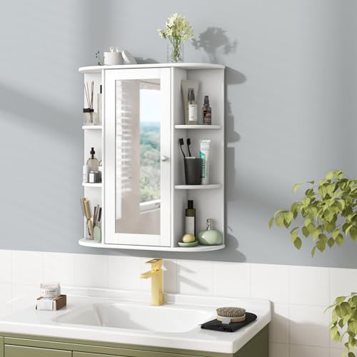 LDAILY Bathroom Medicine Cabinet with Mirror, Wall Mounted Bathroom Storage Cabinet, Medicine Organizer with 3 Adjustable Shelves & 6 Open Shelves, Mirrored Bathroom Wall Cabinet (White)