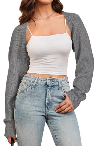 Arach&Cloz 2025 Fall Women's Bolero Shrug Fashion Ribbed Knit Cropped Cardigans Long Sleeves Drop Shoulder Open Front Wool Blend Trendy Sweaters Winter Lightweight Casual Outfits Y2K Clothes Grey M