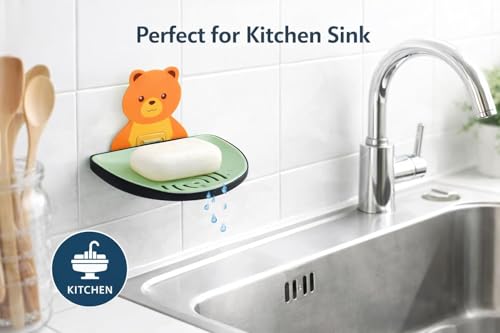 Image of Wall Mounted Self Adhesive Soap Dish with Drain | Plastic Soap Holder for Bathroom, Kitchen Sink & Wash Basin | Kids Friendly Bear Design (Pack of 2, Semi Circle Soap Dish)