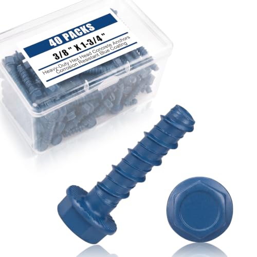 Therwen 40 Pack 3/8 x 1-3/4 Inch Concrete Screws Hex Washer Head, Blue