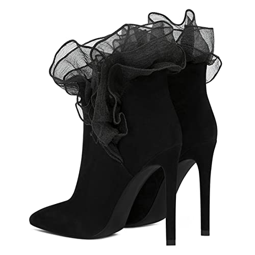 FSJ Women Cut Silk Flowers Pointed Toe High Heels Ankle Booties Stiletto Heeled Slip On Faux Suede Evening Party Dress Ruffle Boots Size 4-15 US3