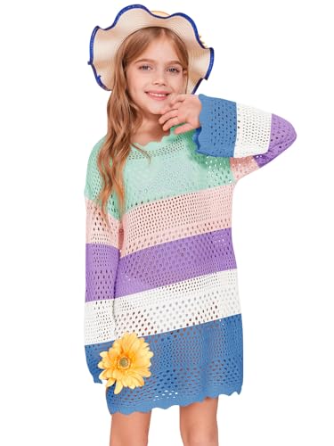 Image of Batermoon Girls Crochet Long Sleeve Swimsuit Cover Up Kids Fashion Hollow Out Swimwear Beach Dress 5-14 Years