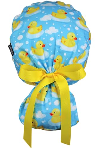 Image of Scrub Cap for Women and Men, Ponytail Scrub Caps, Working Hat, Head Cover with Ribbon Ties and Buttons, Long Hair