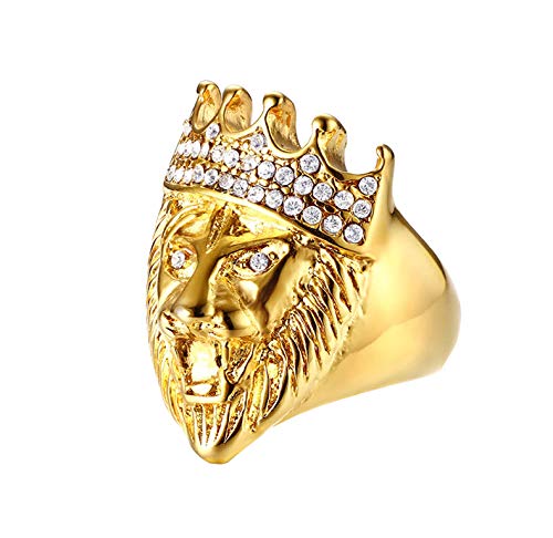 Asma Jewel House Lion Head Gold Tone Stainless Steel Bling Rhinestone Ring for Men/Boys