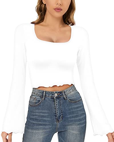 CLOZOZ Bell Sleeve Crop Tops for Women Square Neck Long Flare Sleeve Lettuce Trim Shirts Slim Fitted Sexy Casual Trendy Tops