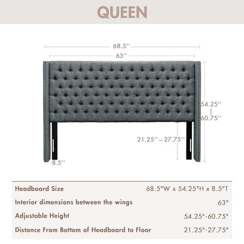 Image of Madison Park Queen Wingback Upholstered Tufted Headboard, Featuring High-Density Sponge Padding, Adjustable Height Headboard, Easy Assembly, Dark Grey Woven