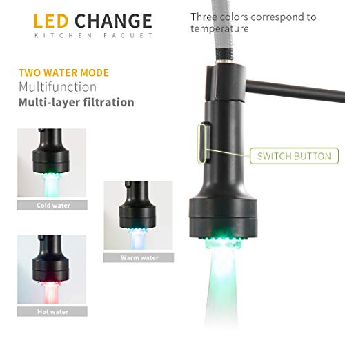Aimadi Kitchen Faucet With Sprayer, Modern Single Handle Pull Down Sprayer Spring Matte Black Kitchen Sink Faucet With Led Light #TOP3