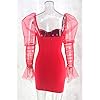 L'VOW Women's Sexy See-Through Mesh Sheer Puff Long Sleeve Club Dress Bodysuit Clubwear(Red,XX-Large)