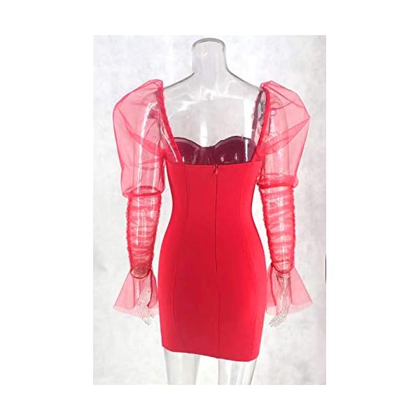 L'VOW Women's Sexy See-Through Mesh Sheer Puff Long Sleeve Club Dress Bodysuit Clubwear(Red,XX-Large)