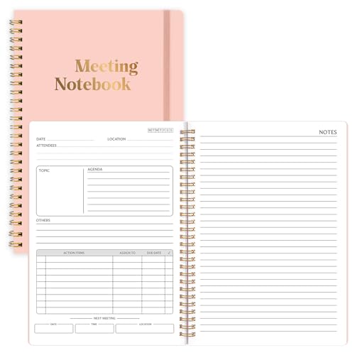Thboxes Meeting Notebook for Work with Action Items & Meeting Minutes 160 Pages Undated Spiral Bound Hardcover Work Notebook for Women & Men 7 x 10 (Pink)