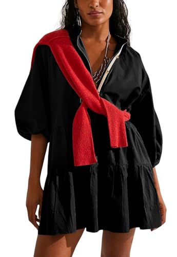 Image of chouyatou Women's Summer Puff Sleeve Tiered Tunic Babydoll Dress Cute Mini Button Down Shirt Dress