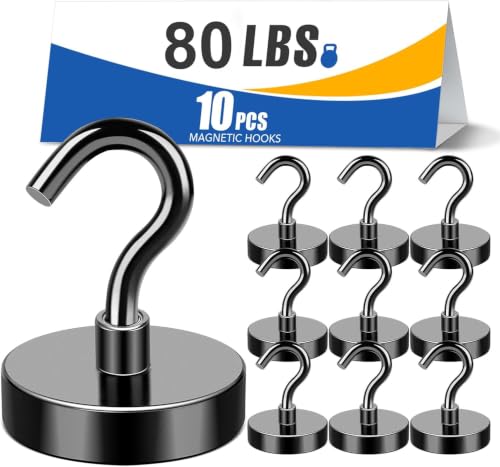 MIKEDE 80LBS Magnetic Hooks, Strong Cruise Cabin Ship Essentials Black | Heavy Duty Magnet Hooks, Must Have Super Strong Metal Hanger for Grill, Fridge, Kitchen, Classroom, Vacation 10Pcs